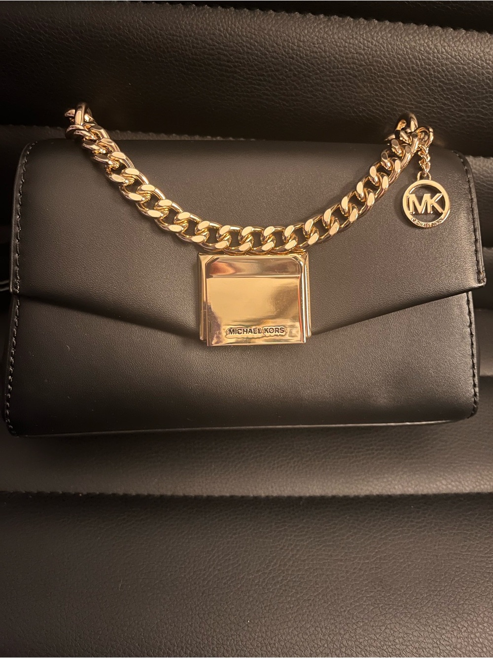 Michael Kors Small Black Lita Leather Crossbody Bag with Gold Chain